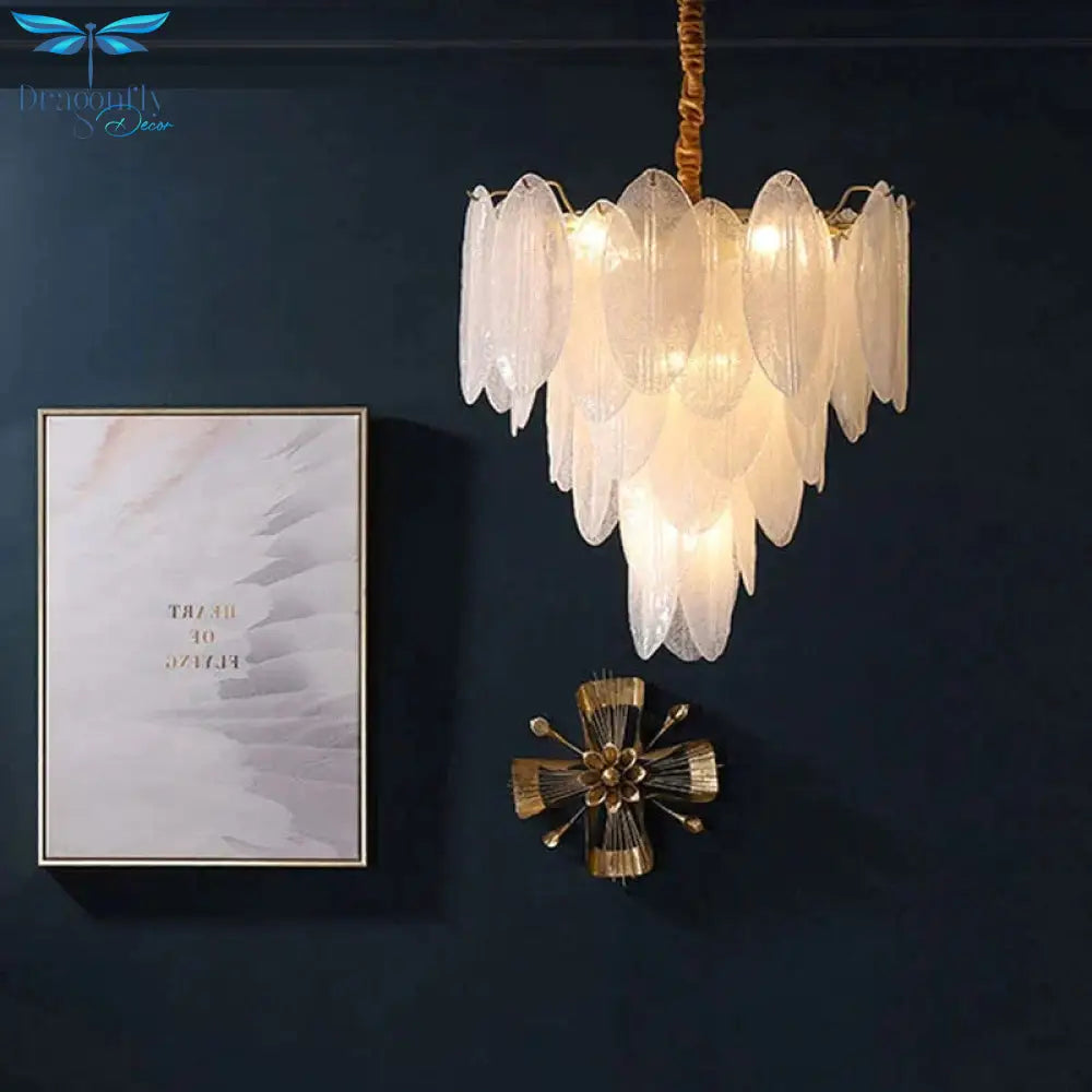 Luxury Brass Chandelier Living Milky White Glass Feather Lustre Hall Copper Lighting Corridor