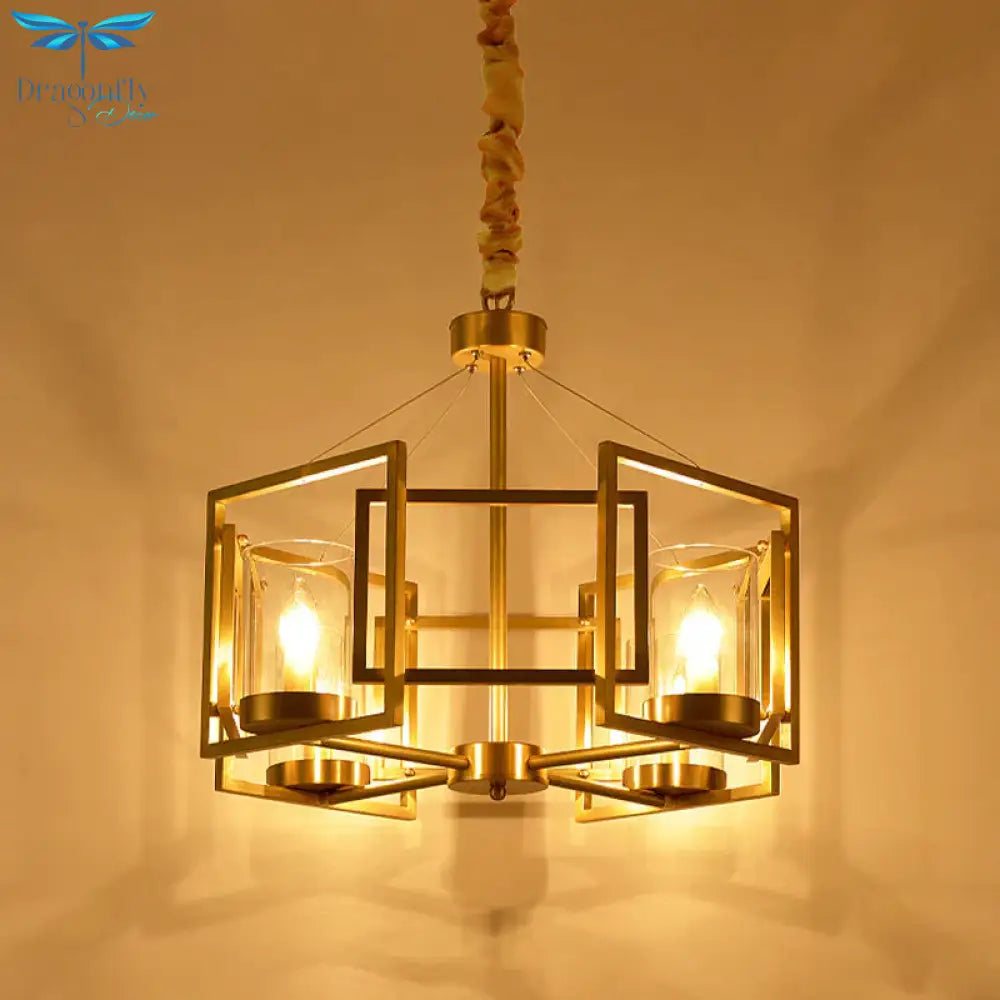 Luxury Cylinder Chandelier Pendant Light 4/6 - Head Clear Glass Hanging Lamp In Gold With Rectangle