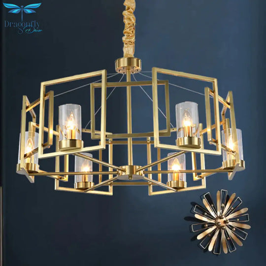 Luxury Cylinder Chandelier Pendant Light 4/6 - Head Clear Glass Hanging Lamp In Gold With Rectangle