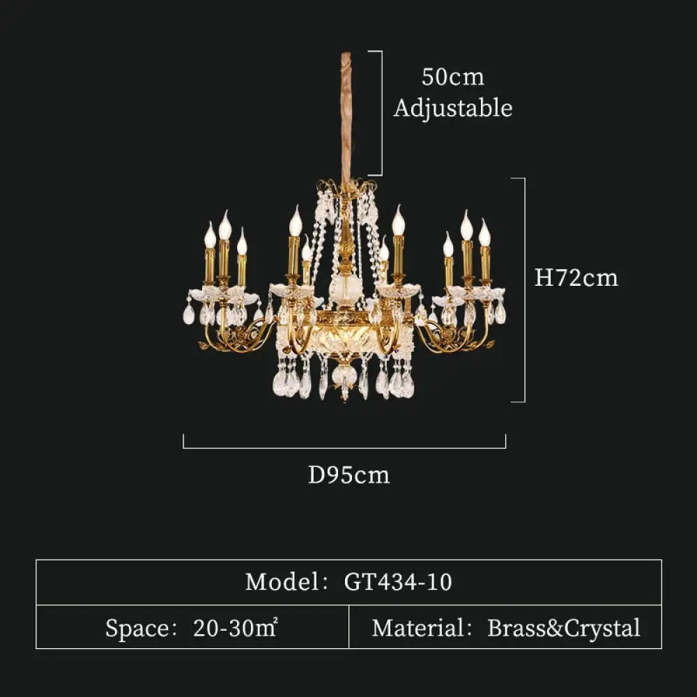 Luxury French Pendant Light Brass Lamp Gold Chandelier Candle Chandeliers Antique 10Lights D95 H72Cm