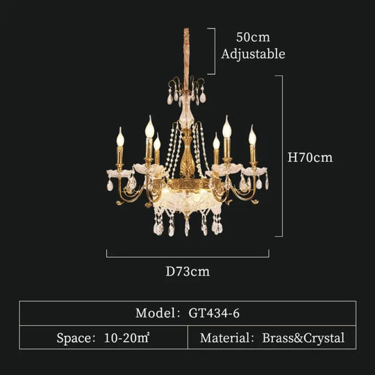 Luxury French Pendant Light Brass Lamp Gold Chandelier Candle Chandeliers Antique 6Lights D73 H70Cm