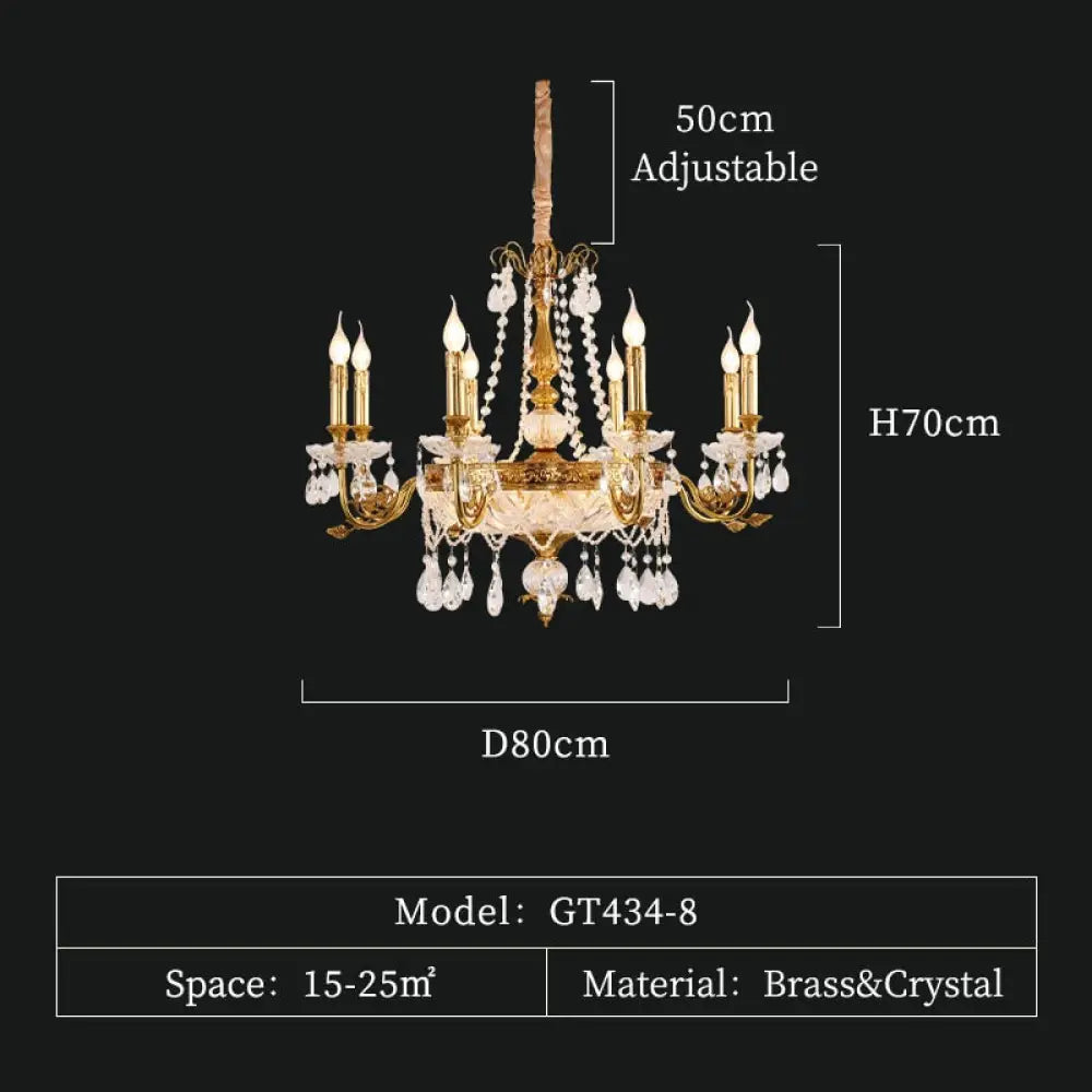 Luxury French Pendant Light Brass Lamp Gold Chandelier Candle Chandeliers Antique 8Lights D80 H70Cm