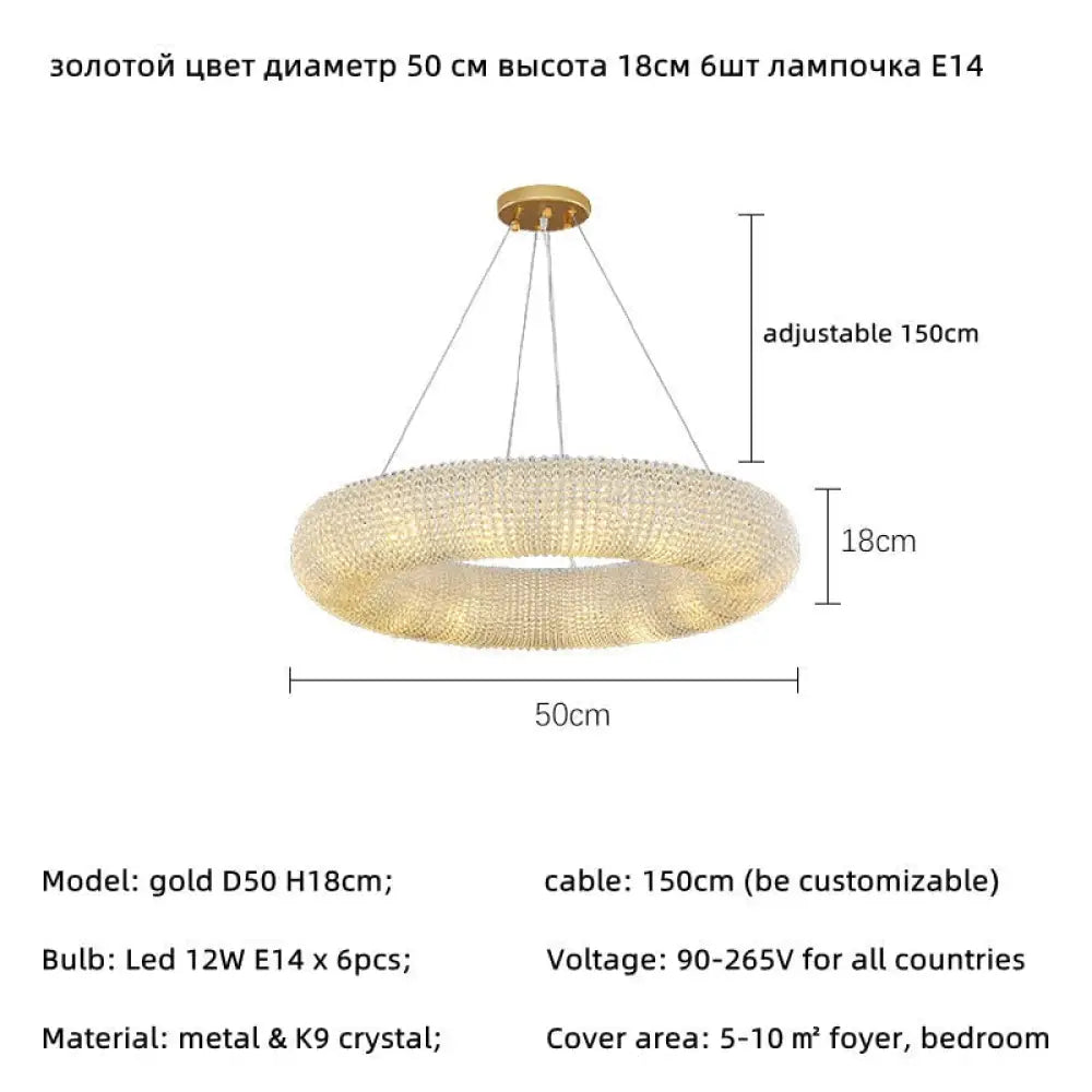 Luxury Loft Led E14 Pendant Lights For American Living Room - Crystal Accents Gold 50Cm 6 Light /