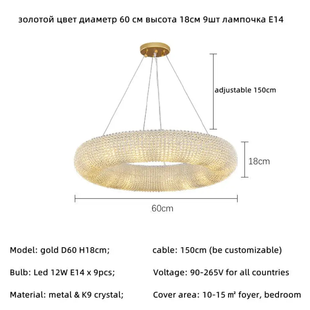 Luxury Loft Led E14 Pendant Lights For American Living Room - Crystal Accents Gold 60Cm 9 Light /