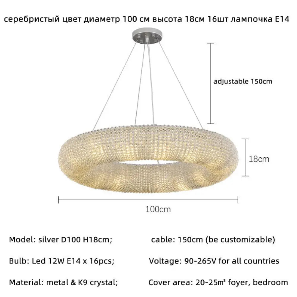 Luxury Loft Led E14 Pendant Lights For American Living Room - Crystal Accents Silver 100Cm 16 Ligh