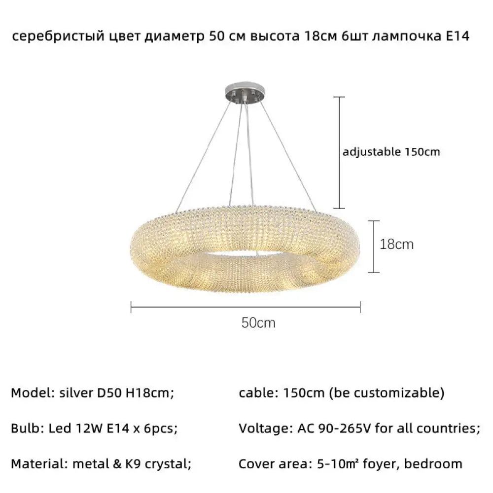Luxury Loft Led E14 Pendant Lights For American Living Room - Crystal Accents Silver 50Cm 6 Light /
