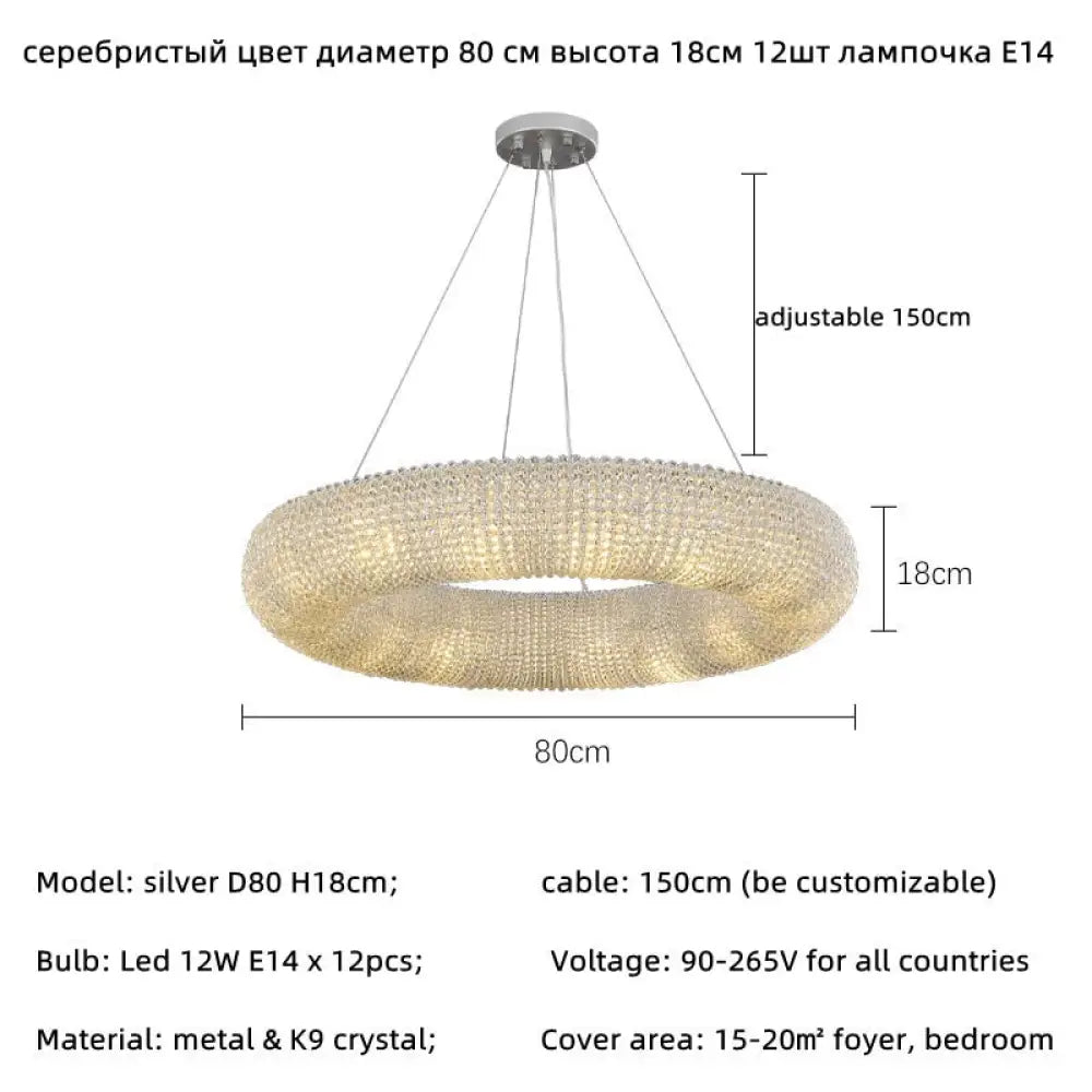 Luxury Loft Led E14 Pendant Lights For American Living Room - Crystal Accents Silver 80Cm 12 Light