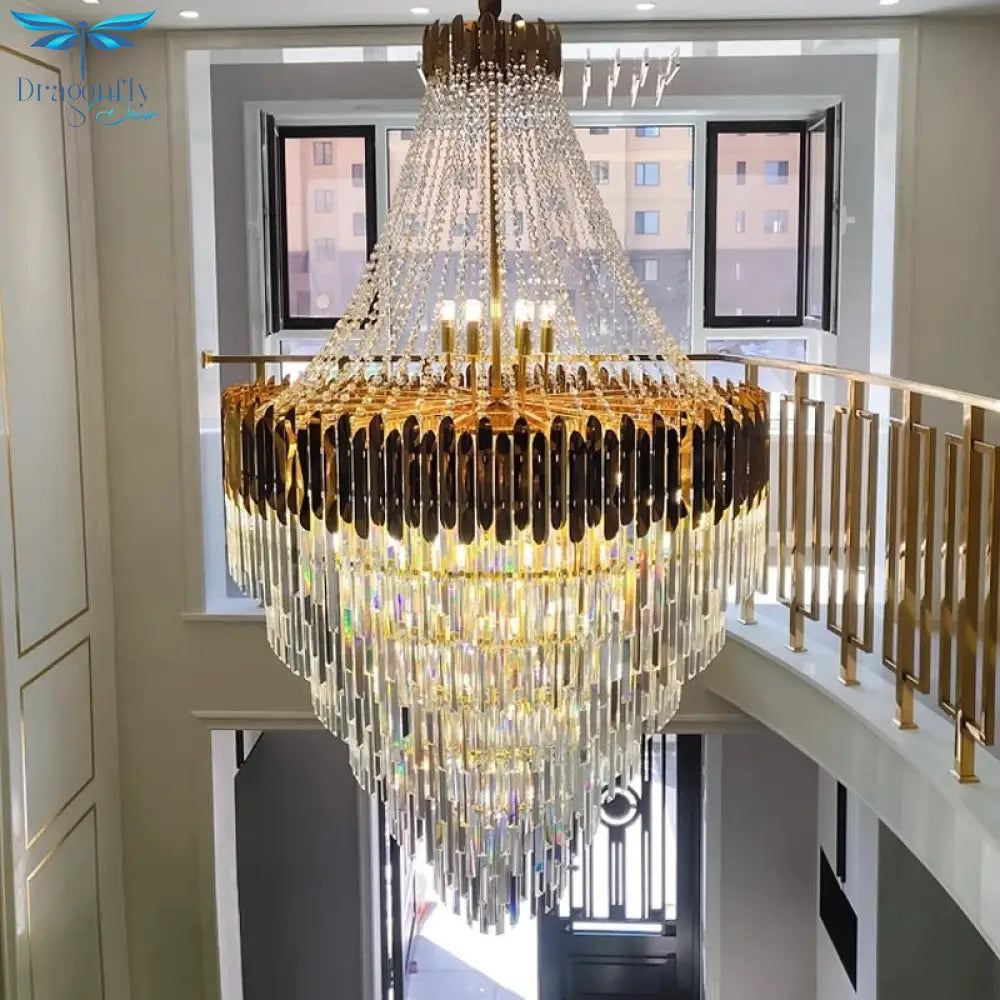 Luxury Long Large Stair K9 Crystal Chandelier Lustres De Cristal Led Pendant Light Hotel Villa