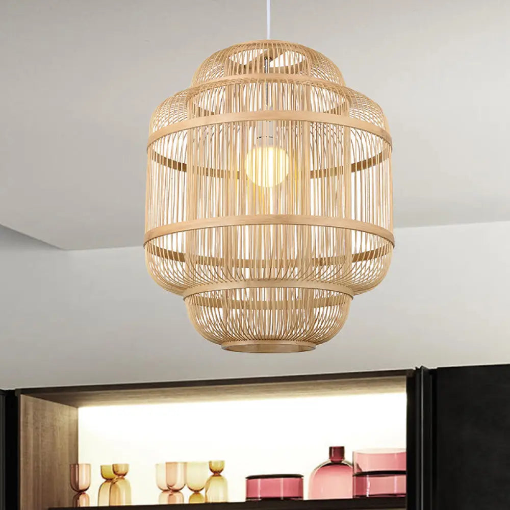 Madeleine - Rustic Wood Orb Chandelier: Beige Simple Style Hanging Lamp For Dining / 15