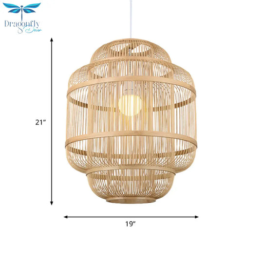 Madeleine - Rustic Wood Orb Chandelier: Beige Simple Style Hanging Lamp For Dining