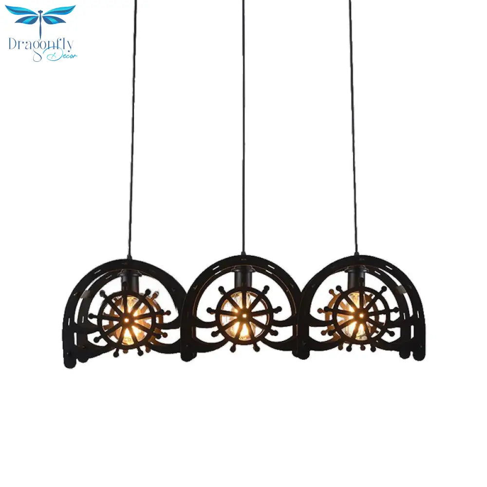 Madison - Black Metal Pendant Lamp Wheel Shade 2/3 - Light Vintage Chandelier Light Fixture For