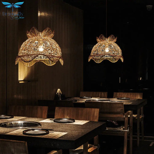 Margot - Asian Wood Scalloped Ceiling Light Style 1Â Head Rattan Hanging Lamp For Restaurant
