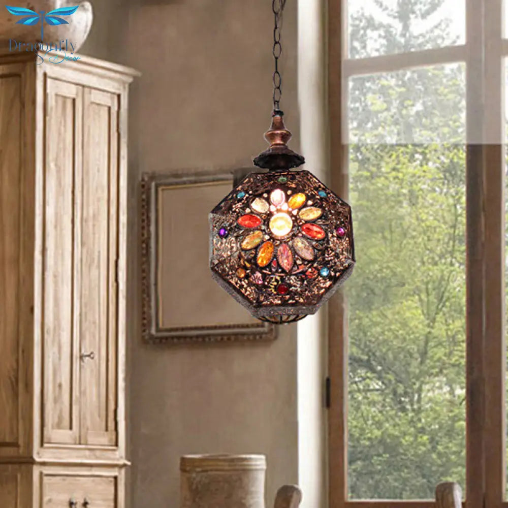 Maria - Copper Octagonal Pendant Lamp: Bohemian Stained Glass Hanging Lantern