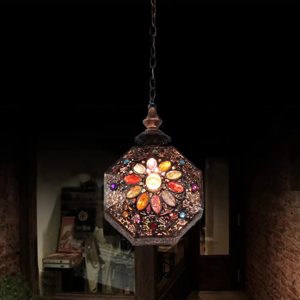 Maria - Copper Octagonal Pendant Lamp: Bohemian Stained Glass Hanging Lantern / A