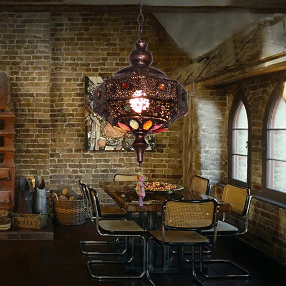 Maria - Copper Octagonal Pendant Lamp: Bohemian Stained Glass Hanging Lantern / B