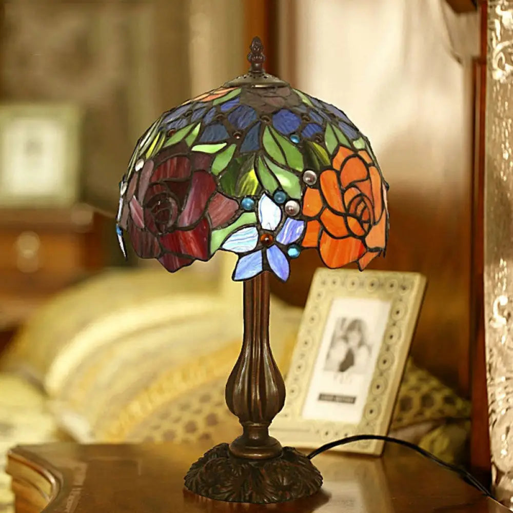 Maria - Victorian Blossom Table Lamp Multicolored Stained Glass Night Stand Bronze