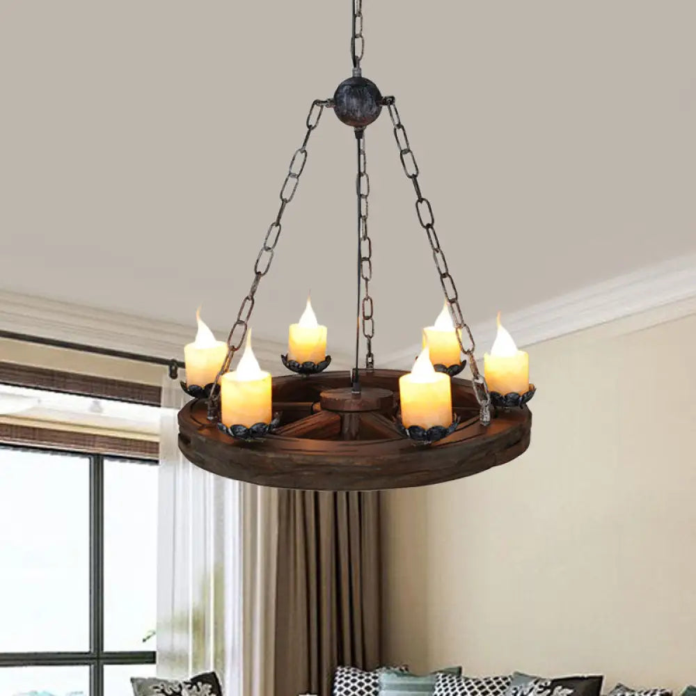 Marina - Marble Chandelier Lamp: Elegant 6 - Head Pendant With Wood Wheel Design
