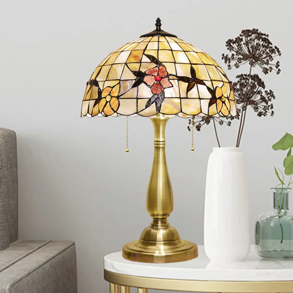 Marina - Tiffany Sparrow Pull - Chain Night Light Table Lamp: 2 - Head Shell Design Brushed Brass