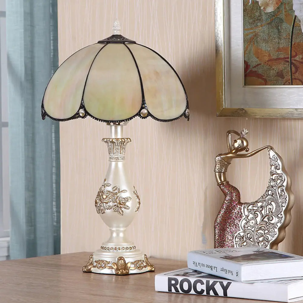 Marta - 1 - Head Glossy Glass Scalloped Night Lamp Classic Beige Bowl Bedroom Reading Light With