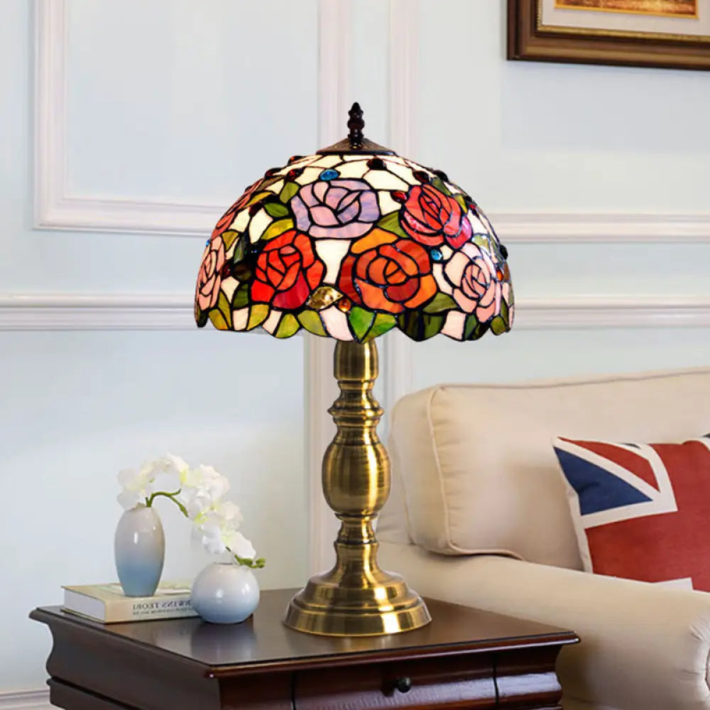 Martine - Victorian Cut Glass Brushed Brass Table Lighting Bowl Shaped 1 Head Rose Patterned Night