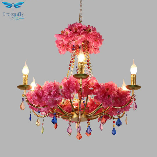 Matilde - Metal Pink Flower Chandelier Lamp Candelabra 6 Bulbs Antique Led Hanging Ceiling Light
