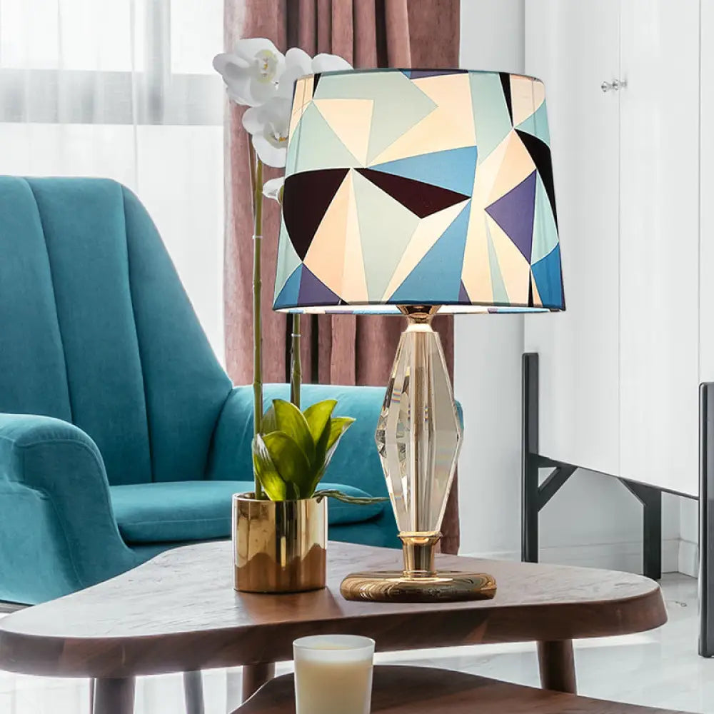Menchib - Blue Patchwork Fabric Table Lamp Modern 1 Bulb Bedroom Nightstand Light In With Crystal