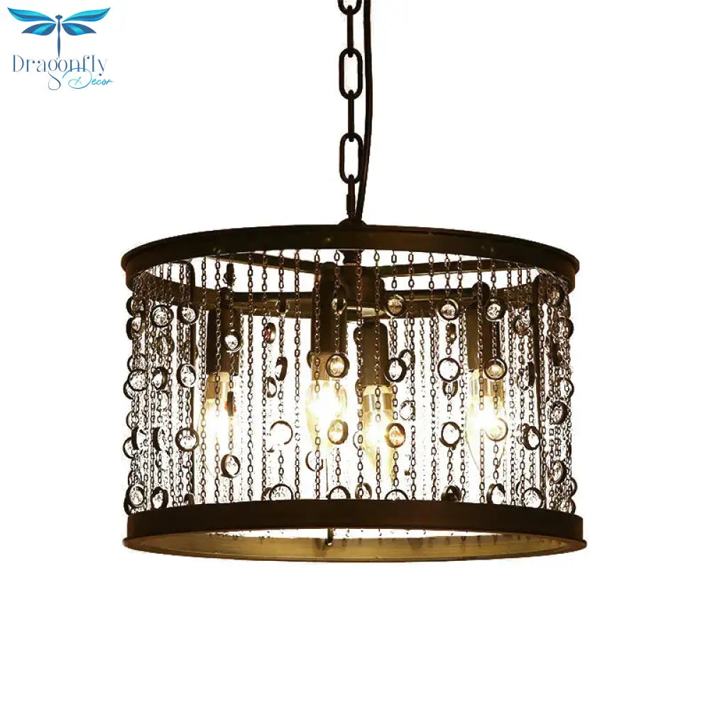 Metal Black Pendant Lamp Drum 4 Lights Rustic Chandelier Light Fixture For Dining Room With Crystal