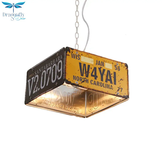 Metal Box Hanging Lamp Three - Light Vintage Chandeliers In Black And Yellow For Bistro