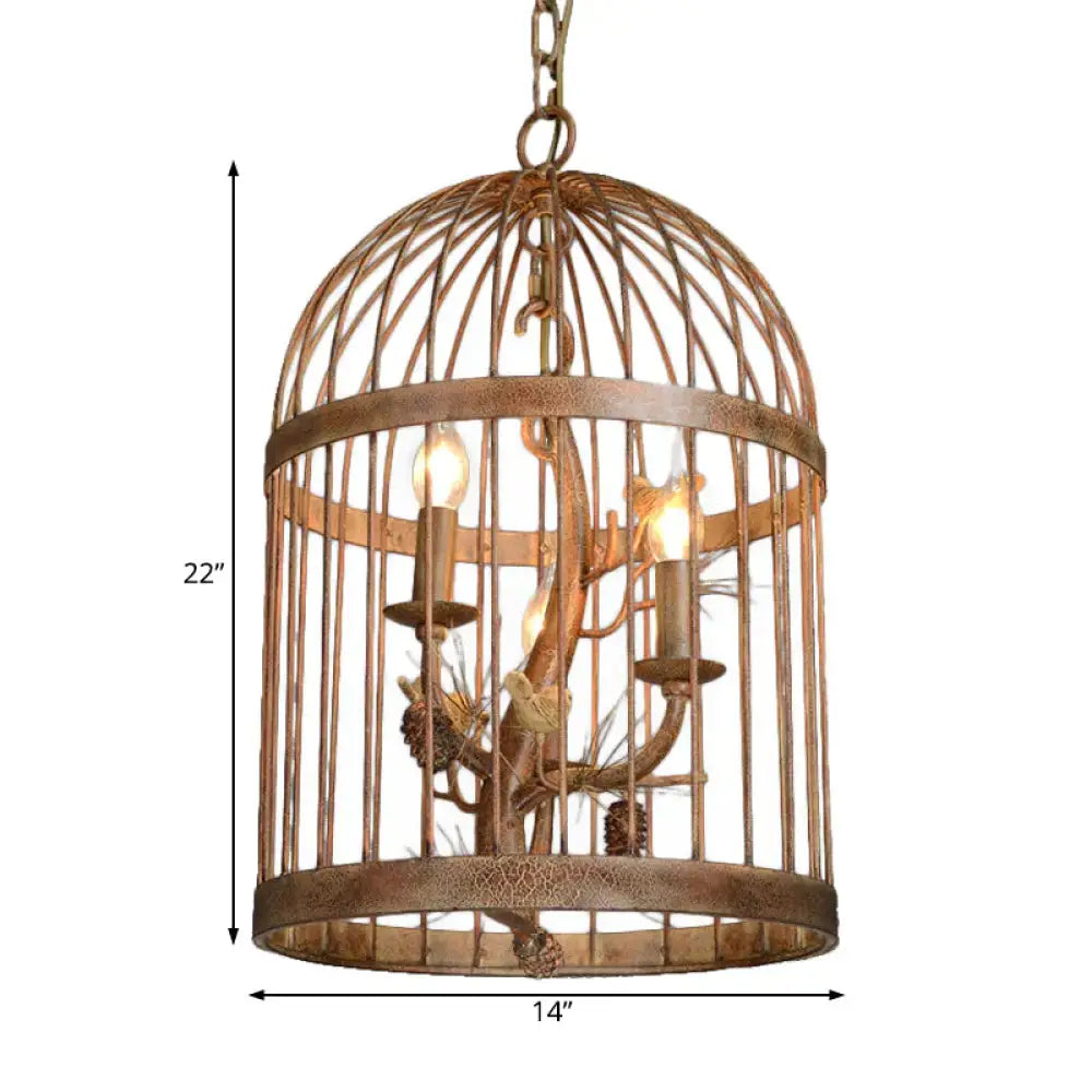 Metal Brown Pendant Lamp Bird Cage 3 Lights Rustic Chandelier Light Fixture For Dining Room