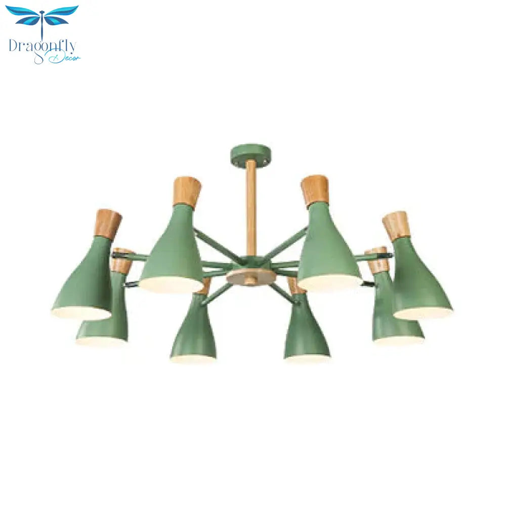 Metal Wooden Horn Shape Hanging Ceiling Lamp 8 Bulbs Chandelier In Green For Living Room