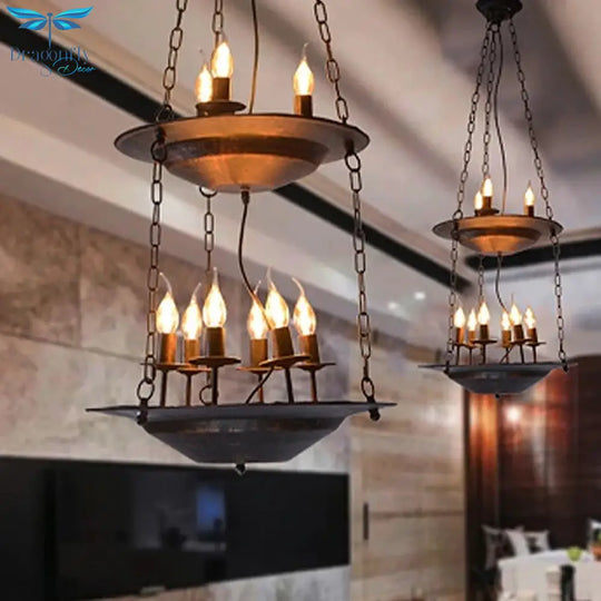 Metallic Candle&Saucer Chandelier Bookstore Cafe Industrial Style Pendant Lamp In Rust