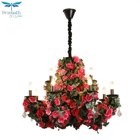 Mia - Red 12 - Bulb Hanging Chandelier Retro Candle Iron Flower Ceiling Pendant In With Clear