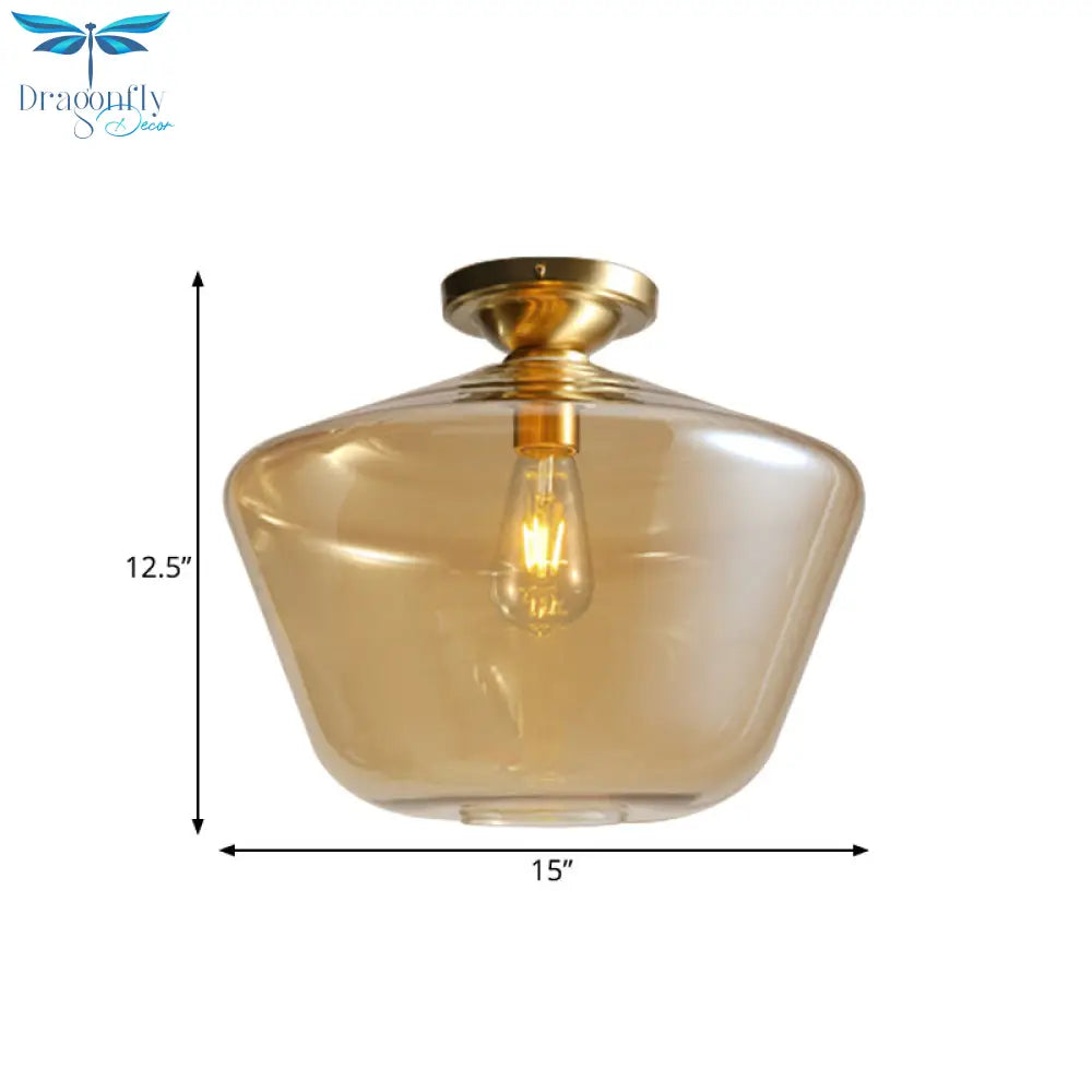 Mid Century Glamour: Cognac Glass Diamond Shaped Brass Flush Mount Ceiling Lamp - Single 9’/15’