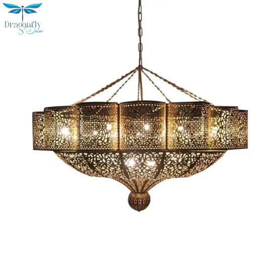Middle Eastern Style 11 Head Metallic Ceiling Chandelier In Brass With Hollow - Cut Design