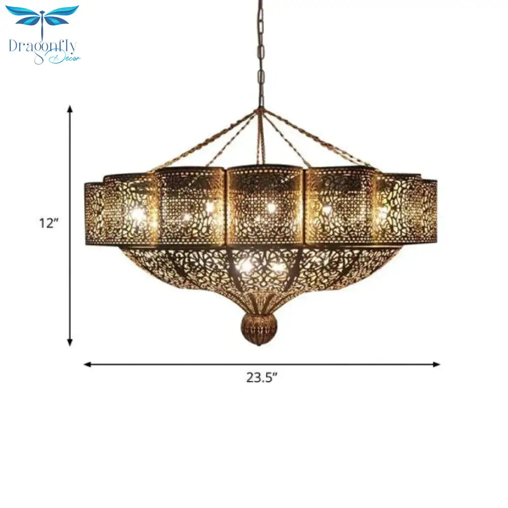 Middle Eastern Style 11 Head Metallic Ceiling Chandelier In Brass With Hollow - Cut Design