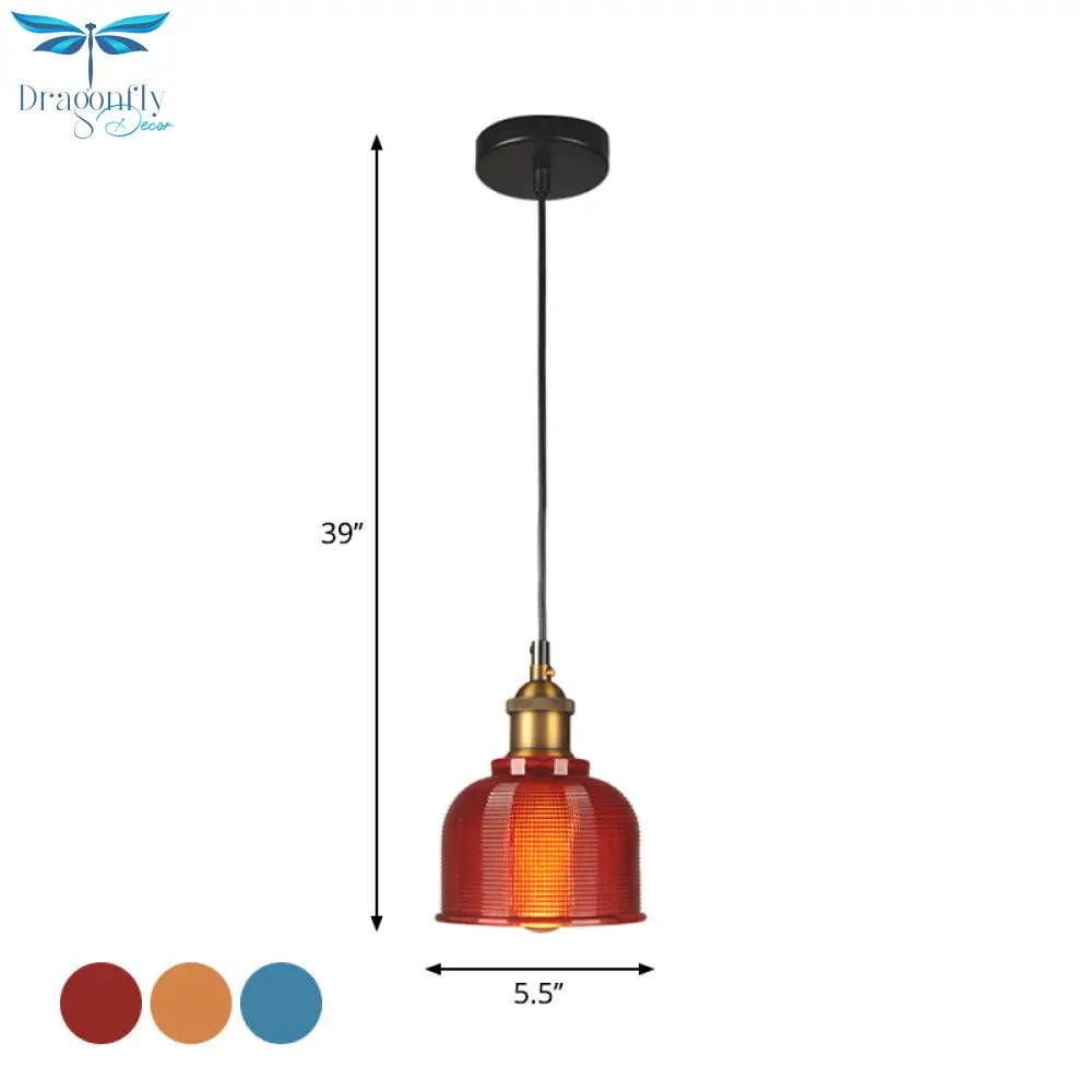 Mila - Retro Style Carillon Pendant Light 1 - Light Red/Orange/Blue Gridded Glass Suspension