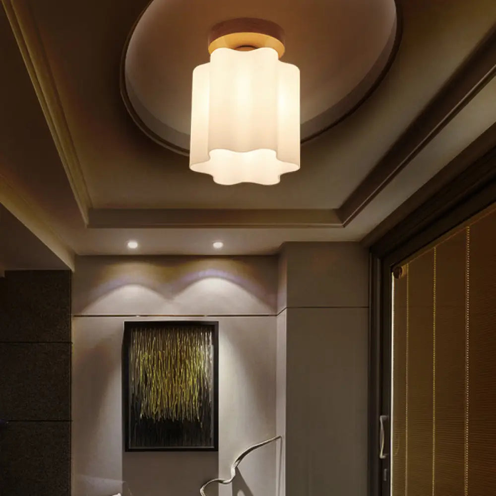 Minimalism 1 Bulb Wood Flushmount Light For Corridor - Milky Glass Prism Floral Ceiling Flush