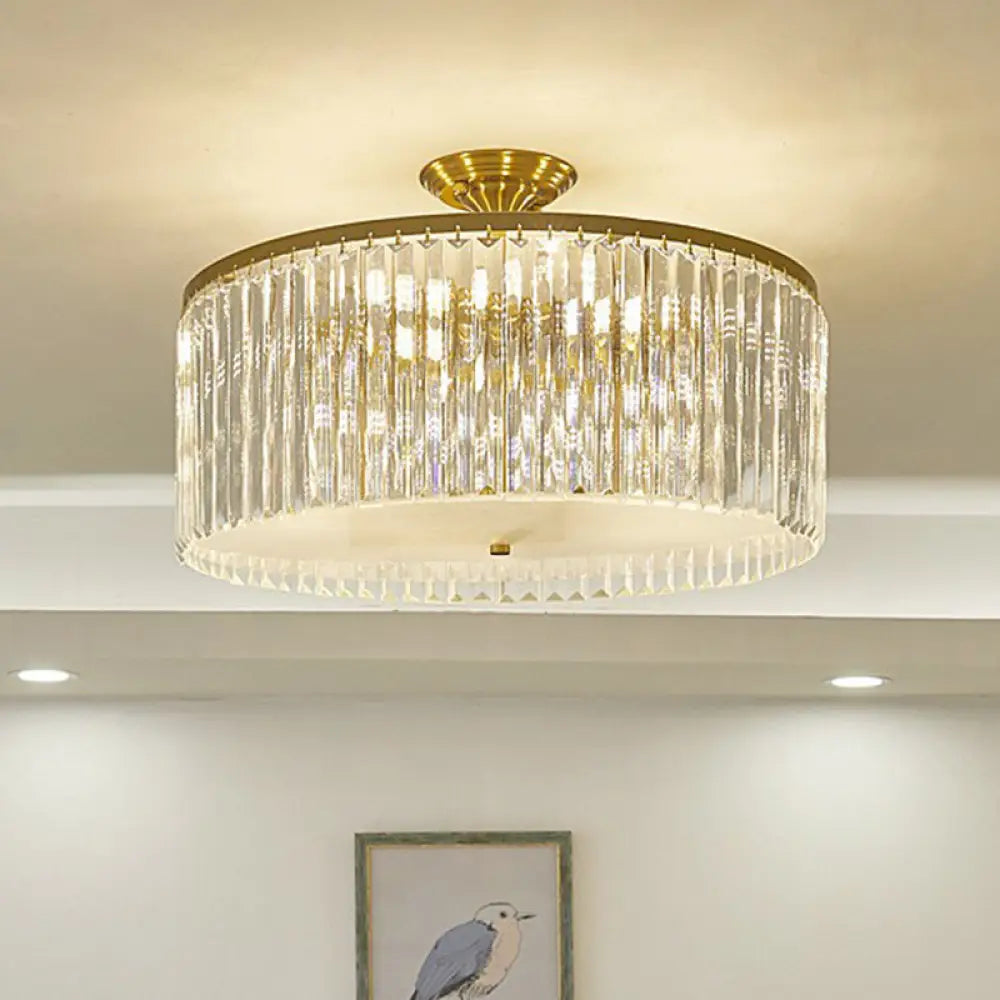 Minimalist Bedroom Sparkle: Clear Crystal Drum Semi - Flush Mount Ceiling Light With A Design / 19’