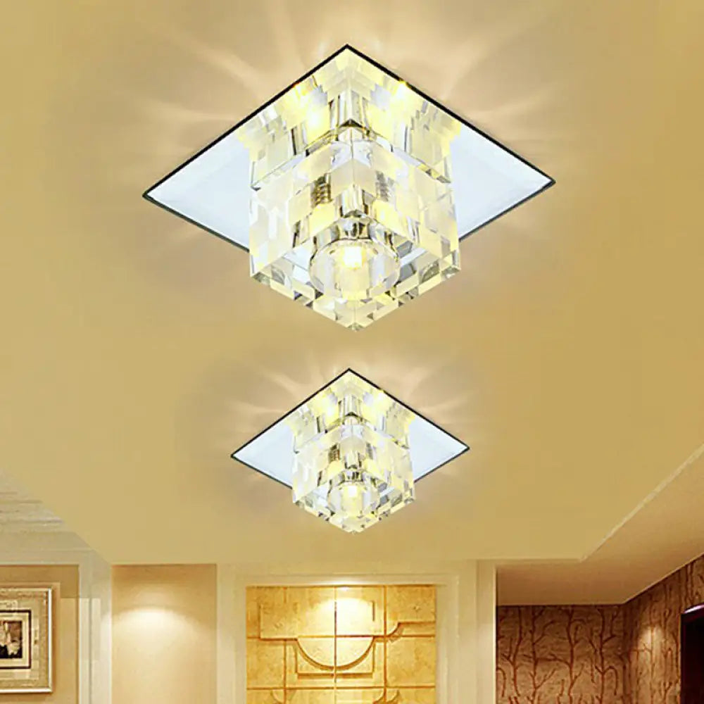 Minimalist Led Ceiling Fixture With Checkered Pattern - Clear Crystal Cube Flush Mount Lamp For