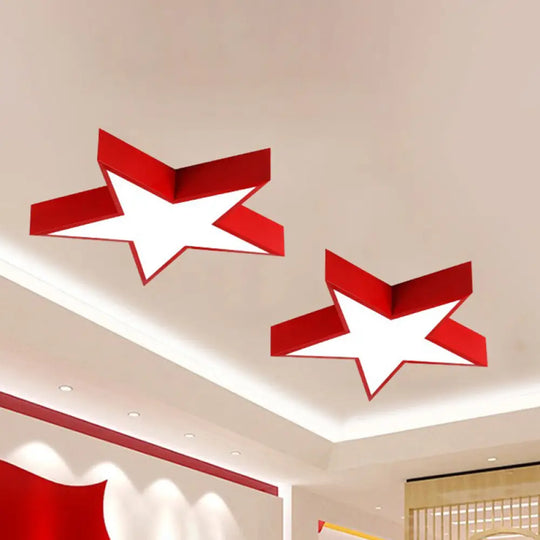 Minimalist Led Flush Mount Lighting In Red For Meeting Room - Pentastar Shaped Ceiling Light / 14’