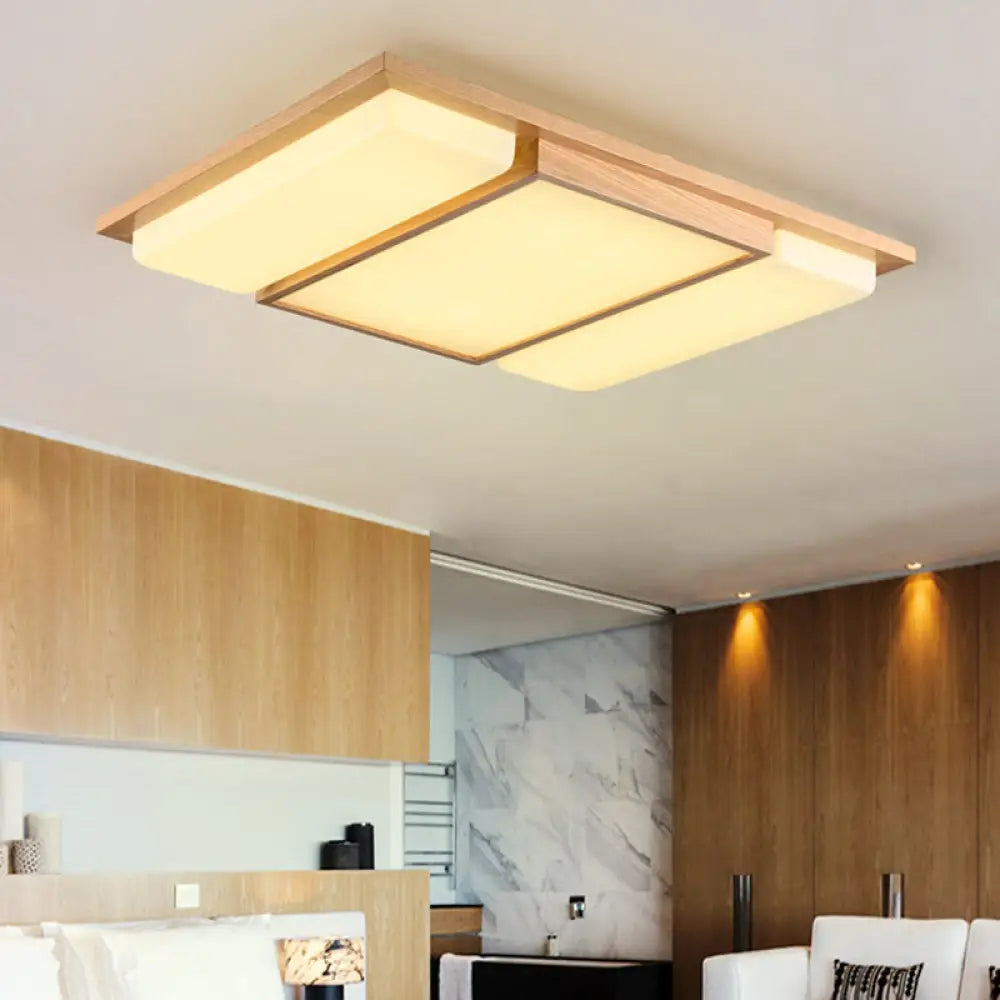 Minimalist Led Flush Mount Lighting With Ash Wood Design - Rectangle Living Room Ceiling Lamp 3 /