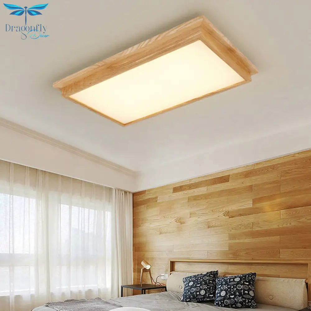 Minimalist Led Flush Mount Lighting With Ash Wood Design - Rectangle Living Room Ceiling Lamp