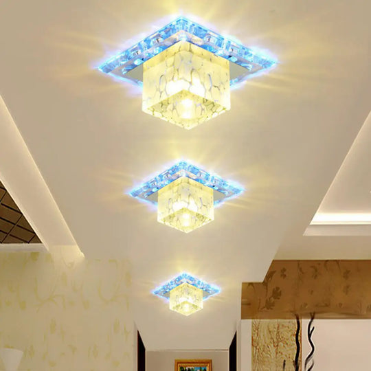 Minimalist Led Hallway Ceiling Lamp With Cube Crystal Shade - Clear Flush Mount Light / Blue