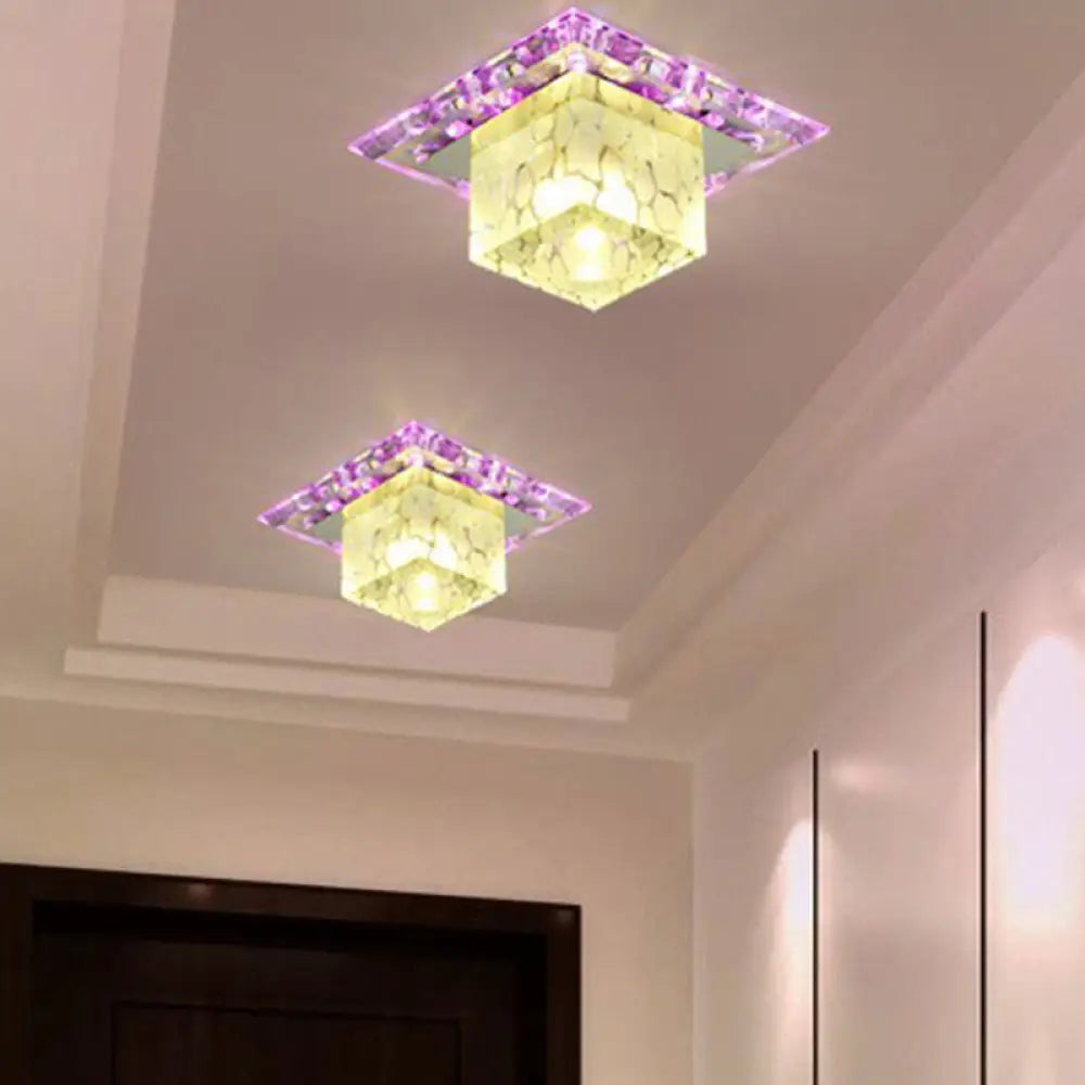 Minimalist Led Hallway Ceiling Lamp With Cube Crystal Shade - Clear Flush Mount Light / Purple