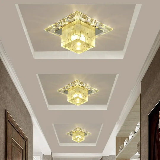 Minimalist Led Hallway Ceiling Lamp With Cube Crystal Shade - Clear Flush Mount Light / Yellow