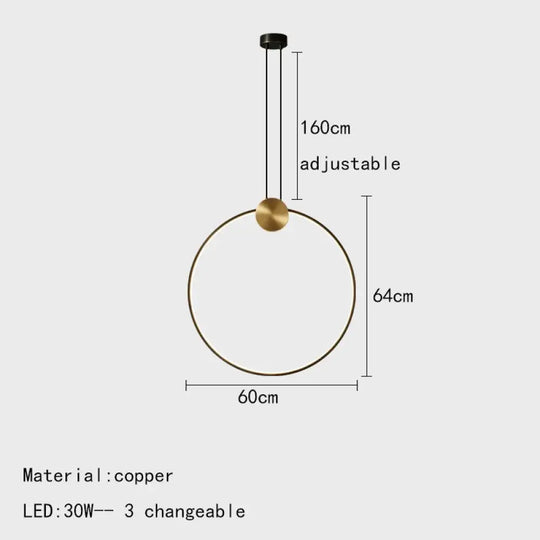 Minimalist Led Pendant Lights Copper Ring Bedsdie Foyer Aisle Lighting Fixtures Adjustable Wire