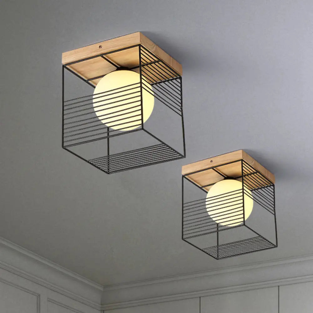 Minimalist Nordic Cage Ceiling Light With Glass Shade And Wood Canopy - Black/White Cubic Iron
