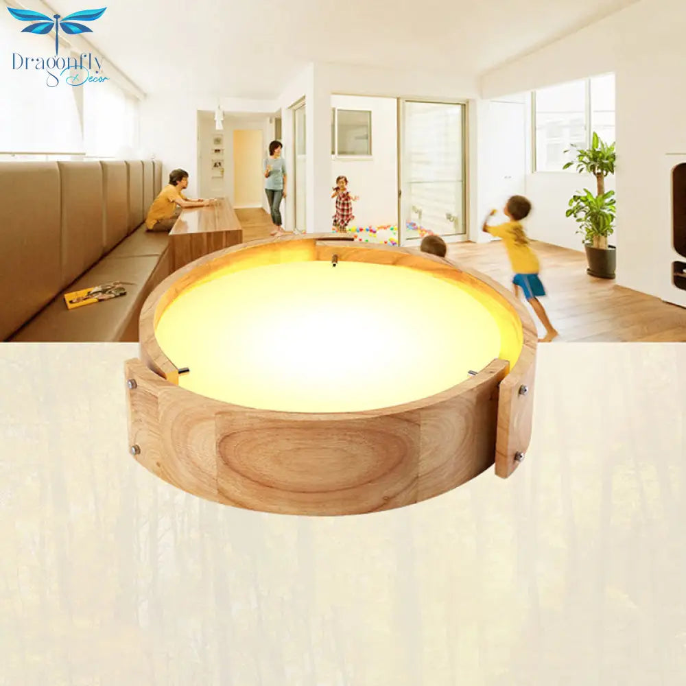 Minimalist Wood Drum Led Flush Mount Ceiling Light For Bedroom