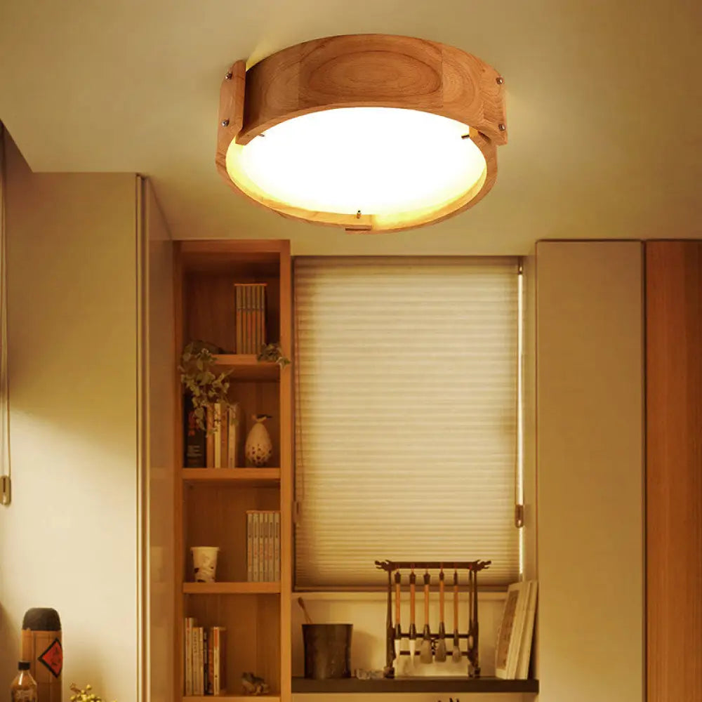 Minimalist Wood Drum Led Flush Mount Ceiling Light For Bedroom / White