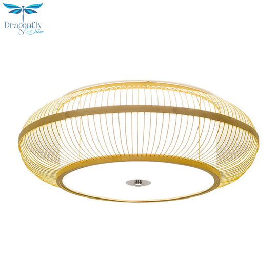 Minimalistic Round Bamboo Flushmount Ceiling Light - Single - Head Aisle Fixture With Natural Wood